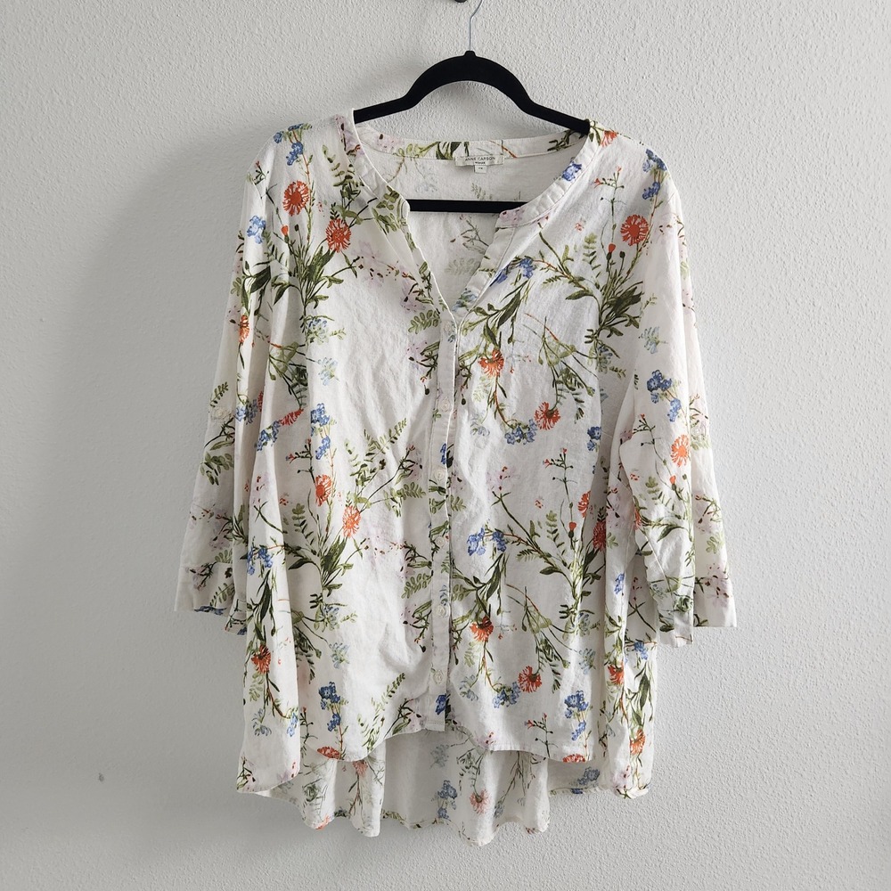 Womens size 2X Linen Floral Button Down High Low Peplum Back Shirt